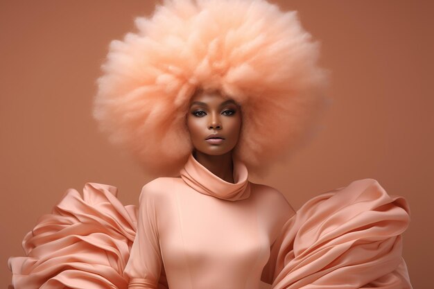 ritratto di vicino di una donna nera con afro e abito di colore peach fuzz