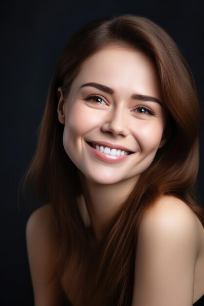 Ritratto di viso e bellezza di donna con cura della pelle dermatologica del sorriso o cosmetici naturali in studio