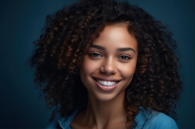 Ritratto di vista frontale di giovane donna afroamericana con capelli ricci naturali che sorride felicemente alla telecamera
