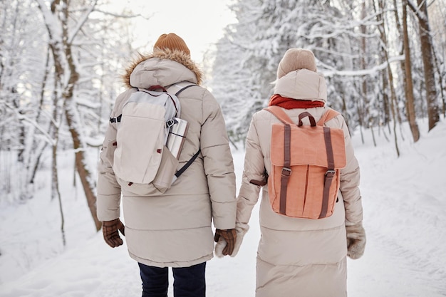 Ritratto di vista posteriore di coppia adulta con zaini godendo di una passeggiata nella foresta invernale e tenendosi per mano