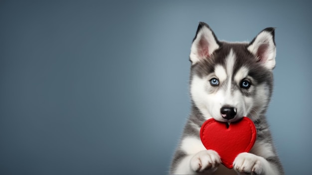 Ritratto divertente cucciolo di cane border collie che tiene un cuore rosso