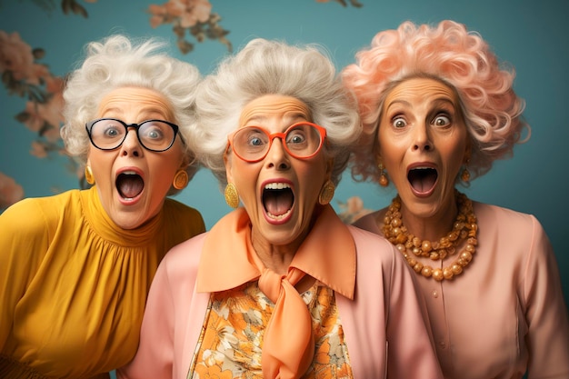 Ritratto divertente di tre donne anziane scioccate che guardano la telecamera mantenendo la bocca aperta