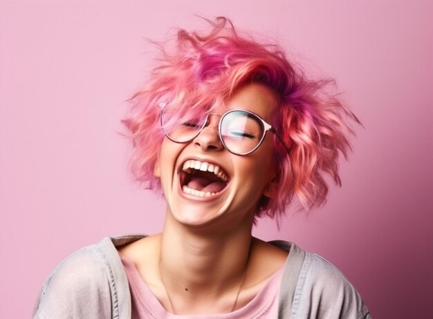 Ritratto donna bellezza capelli giovane alla moda modella carina sorriso rosa giallo AI generativa