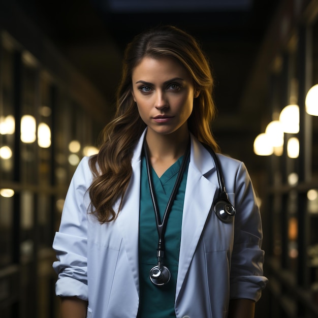 Ritratto donna medico che indossa camice bianco con stetoscopio nell'ufficio dell'ospedale generato dall'intelligenza artificiale