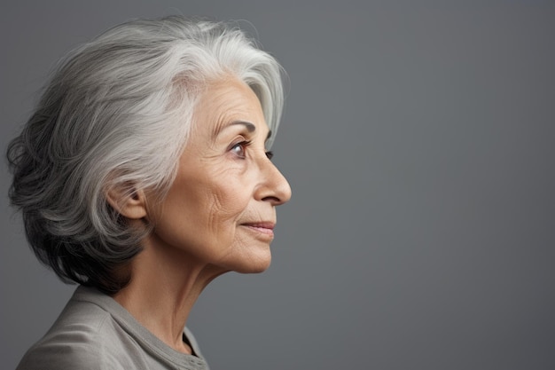 Ritratto elegante e alla moda di una donna in età pensionabile, antietà, capelli di colore grigio, glamour, moda anziana, personalità sicura di sé, maturità attraente, generazione più anziana