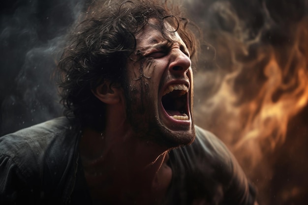 Ritratto emotivo di un uomo urlante Uomo frustrato che piange su sfondo scuro Emozioni negative