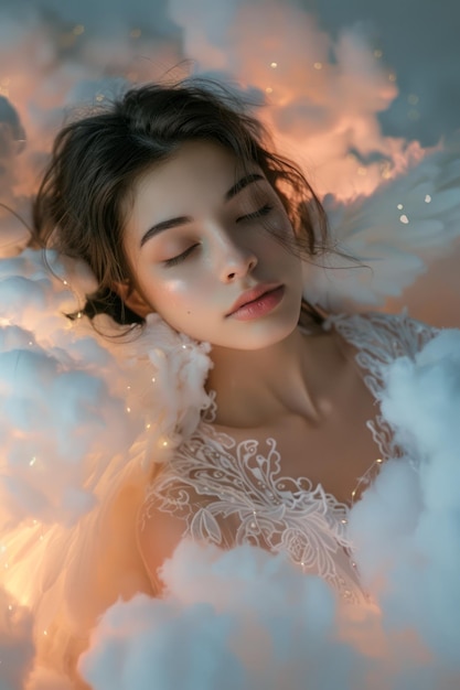 Ritratto etereo di una giovane donna circondata da morbide nuvole luminose e luci scintillanti in sogno