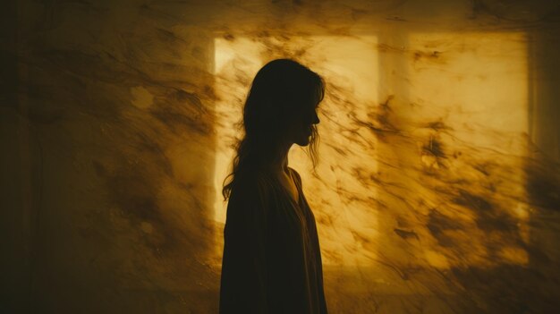 Ritratto etereo Silhouette affascinante di una ragazza in luce dorata