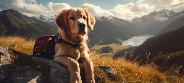 Ritratto felice di un cane seduto sullo sfondo di montagne e cielo blu con cane o compagno
