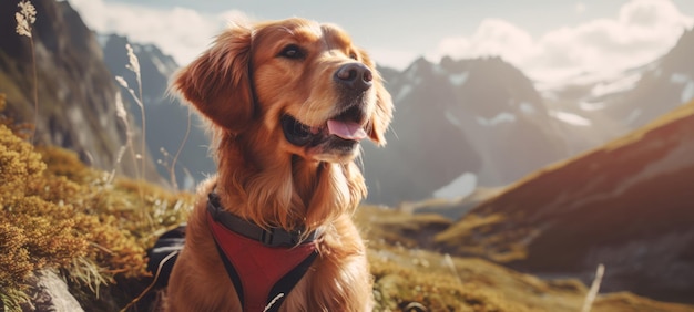 Ritratto felice di un cane seduto sullo sfondo di montagne e cielo blu con cane o compagno