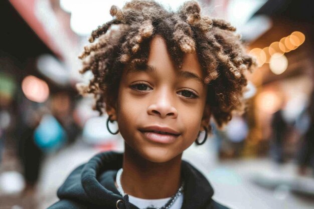 Ritratto felice positivo carino elegante dai capelli ricci afroamericano ragazzino bambino bambino in posa