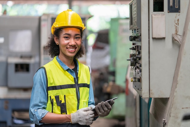 Ritratto femminile asiatico Ingegnere con casco giallo utilizzando tablet macchina operatrice in fabbrica Industriale