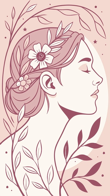 Ritratto femminile stravagante con colori morbidi e ornamenti botanici