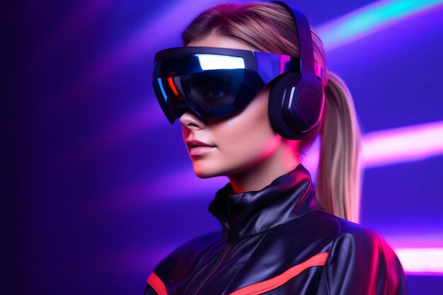 Ritratto fortemente stilizzato di una donna immersa in una simulazione di cuffie VR