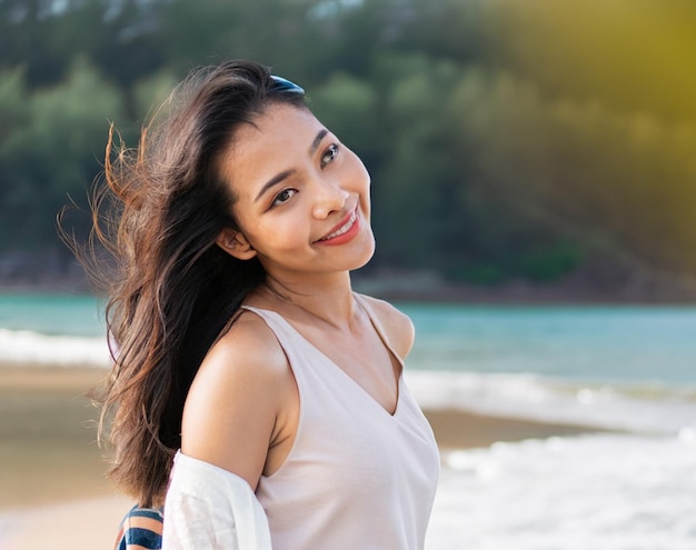 ritratto foto bella giovane donna asiatica sorriso felice passeggiata sulla spiaggia tropicale