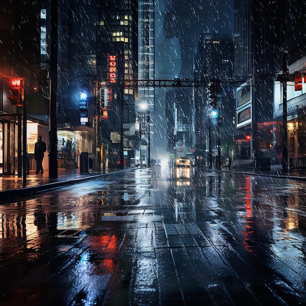 Ritratto fotografico astratto di una ragazza con un ombrello una notte piovosa in stile cittadino