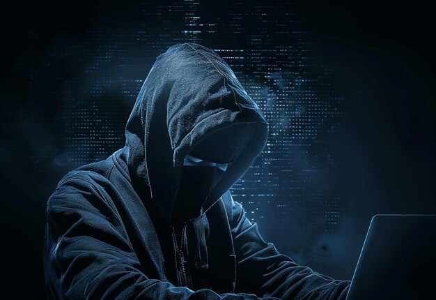 Ritratto fotografico di background hacker con guanti e portatile Ritratto fotografico di background hacker wi