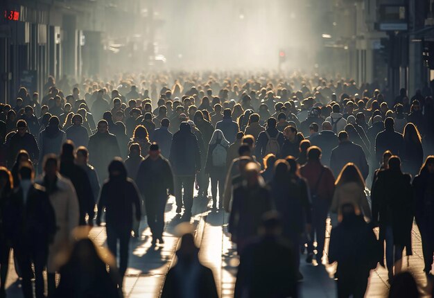 Ritratto fotografico di gente di città che cammina insieme per strada nel pomeriggio