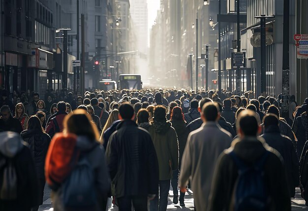 Ritratto fotografico di gente di città che cammina insieme per strada nel pomeriggio