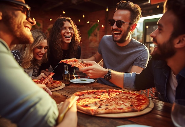 Ritratto fotografico di giovani amiche affamate che mangiano pizza insieme