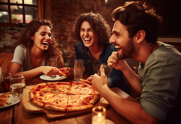 Ritratto fotografico di giovani amiche affamate che mangiano pizza insieme