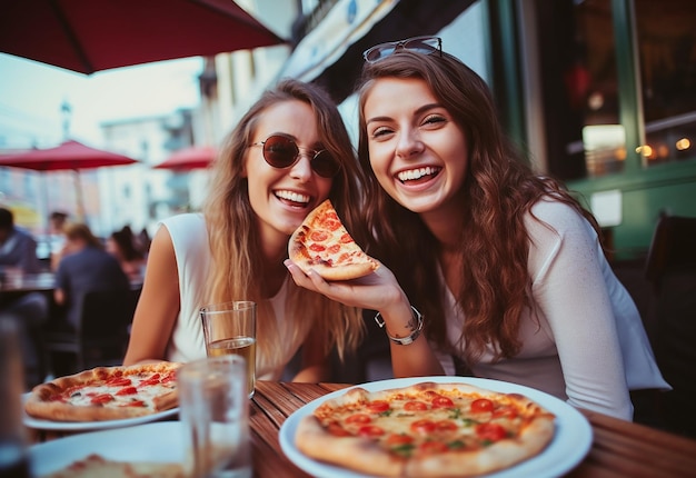 Ritratto fotografico di giovani amiche affamate che mangiano pizza insieme