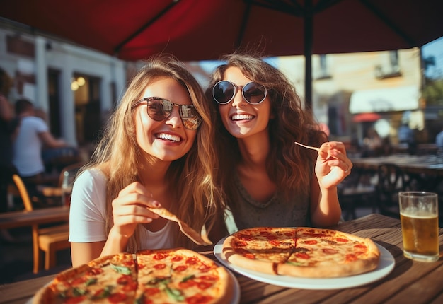 Ritratto fotografico di giovani amiche affamate che mangiano pizza insieme