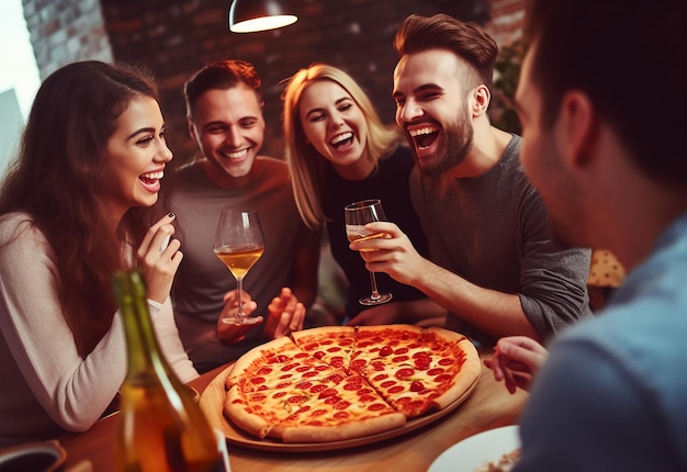 Ritratto fotografico di giovani amiche affamate che mangiano pizza insieme