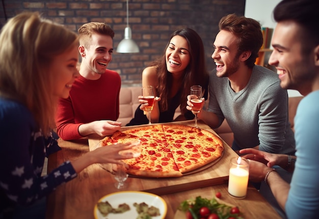 Ritratto fotografico di giovani amiche affamate che mangiano pizza insieme