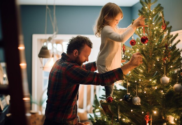 Ritratto fotografico di membri felici della famiglia e decorazioni per bambini Albero di Natale e ornamenti appesi