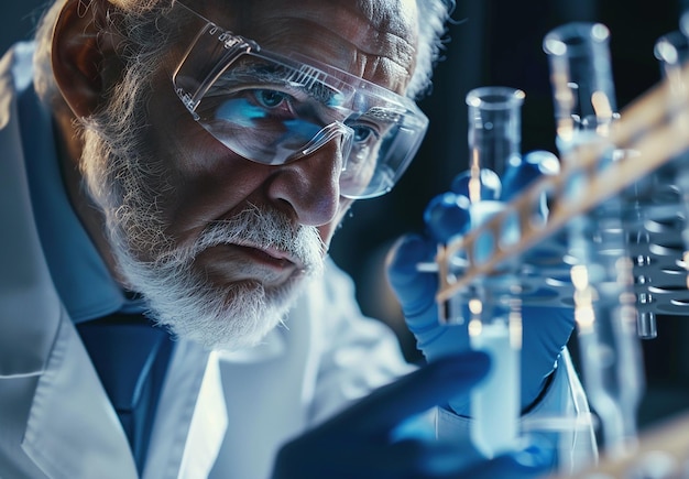 Ritratto fotografico di un assistente di laboratorio scientifico in un laboratorio con tubi di prova durante la ricerca