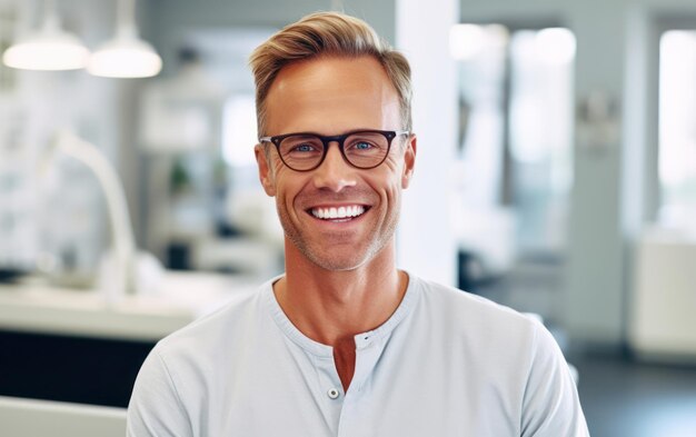 Ritratto fotografico di un bell'uomo sorridente con i denti puliti Pubblicità dentale