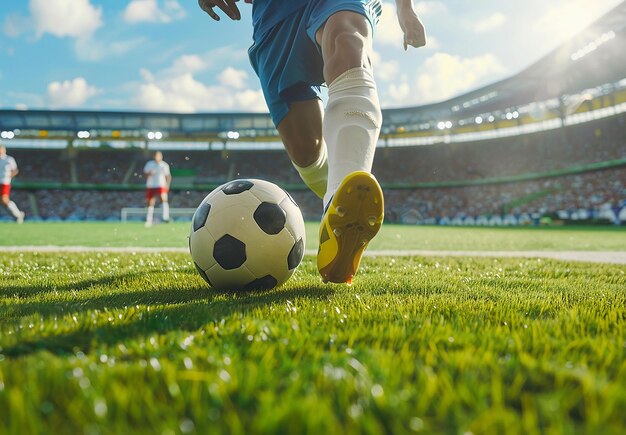 Ritratto fotografico di un giocatore di calcio che sta calciando una palla da calcio