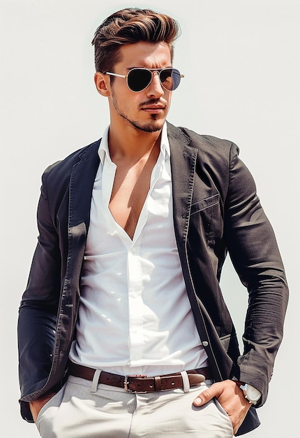 Ritratto fotografico di un giovane modello maschile che indossa occhiali da sole con abiti business e casuali