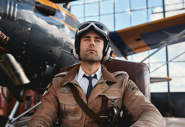Ritratto fotografico di un giovane pilota in uniforme e occhiali da sole