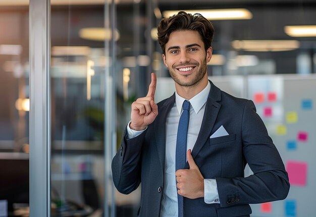 Ritratto fotografico di un giovane uomo d'affari felice mentre lavora nel suo ufficio