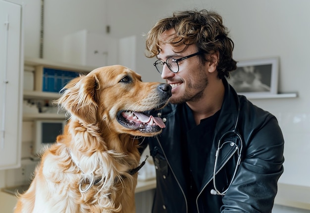 Ritratto fotografico di un giovane veterinario che controlla cani, gatti e animali domestici carini