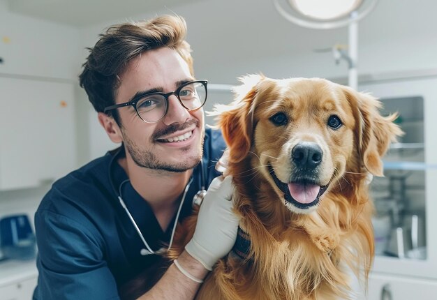 Ritratto fotografico di un giovane veterinario che controlla cani, gatti e animali domestici carini