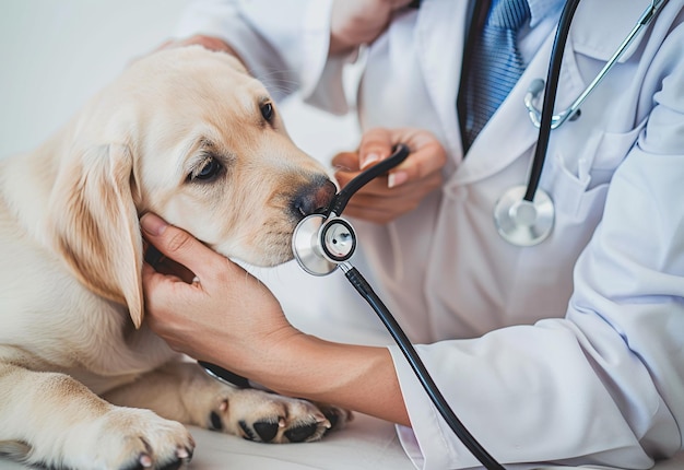 Ritratto fotografico di un giovane veterinario che controlla cani, gatti e animali domestici carini