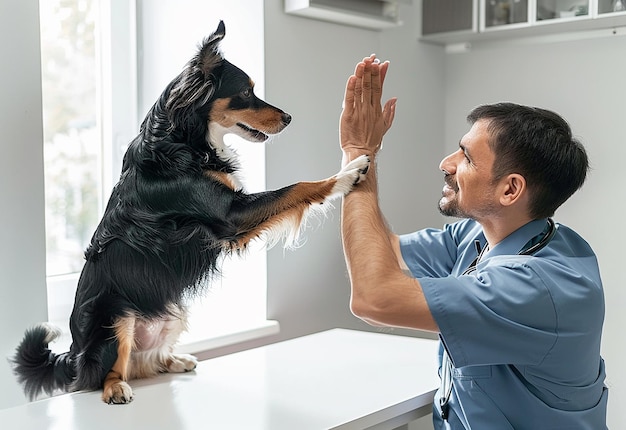 Ritratto fotografico di un giovane veterinario che controlla cani, gatti e animali domestici carini