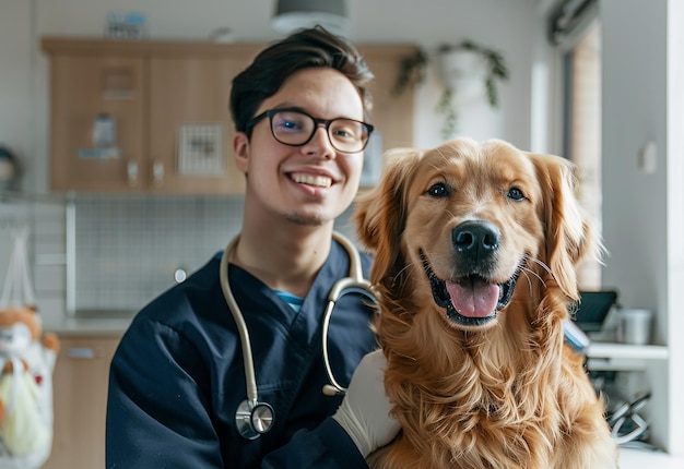 Ritratto fotografico di un giovane veterinario che controlla cani, gatti e animali domestici carini