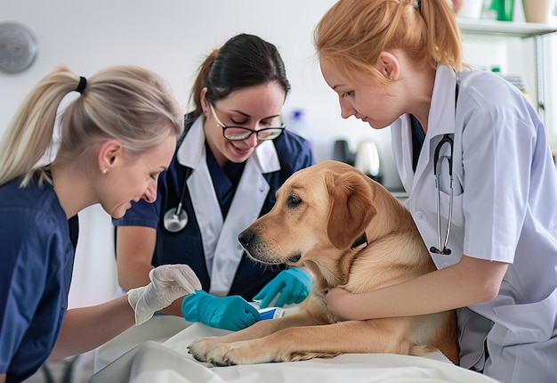 Ritratto fotografico di un giovane veterinario che controlla cani, gatti e animali domestici carini