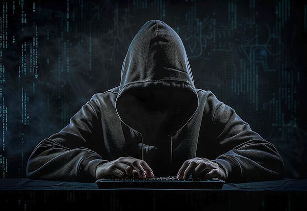 Ritratto fotografico di un hacker con guanti e portatile