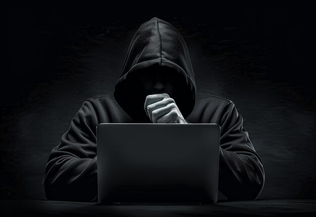 Ritratto fotografico di un hacker con guanti e portatile
