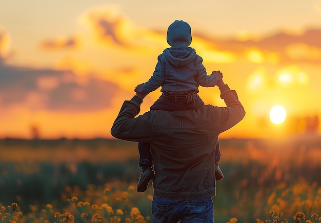 Ritratto fotografico di un padre che tiene un bambino sulle spalle in un campo al tramonto