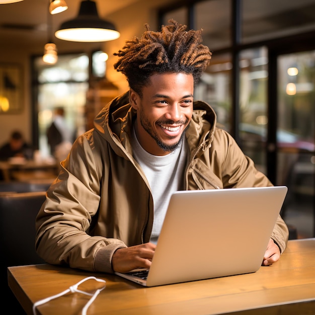 ritratto fotografico di un uomo sorridente seduto in un bar con il suo portatile generato da AI