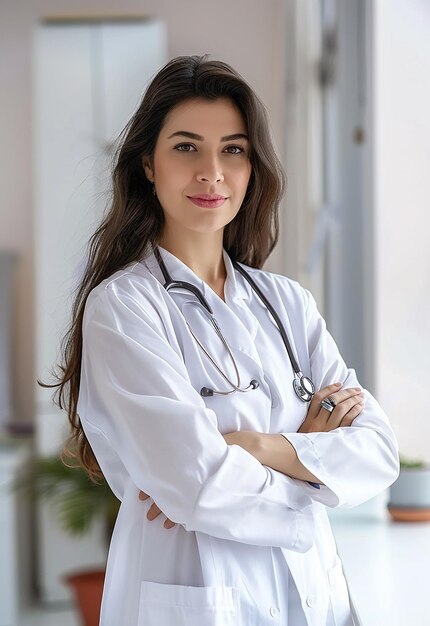 Ritratto fotografico di una bella giovane dottoressa che guarda la telecamera