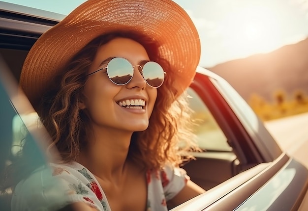 Ritratto fotografico di una donna che sporge dal finestrino dell'auto mentre guida un'auto nella natura estiva