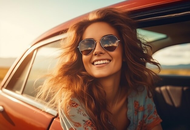 Ritratto fotografico di una donna che sporge dal finestrino dell'auto mentre guida un'auto nella natura estiva