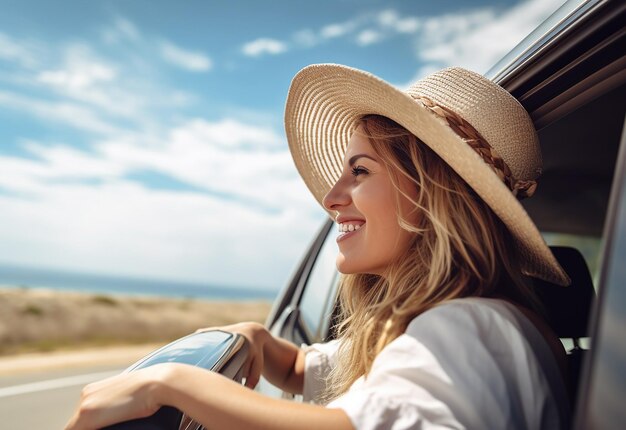 Ritratto fotografico di una donna che sporge dal finestrino dell'auto mentre guida un'auto nella natura estiva